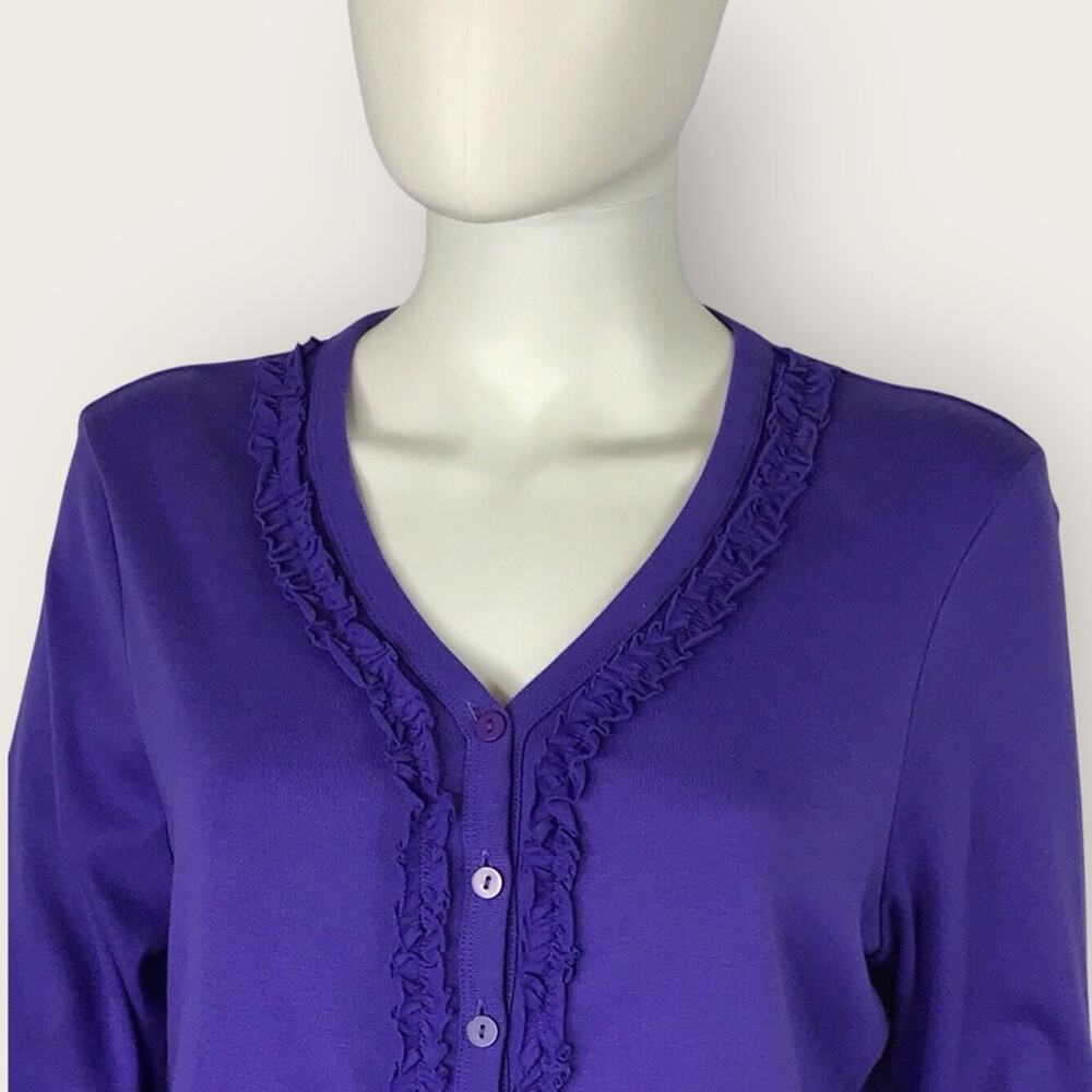 Purple V-Neck Cardigan Button Up with Ruffle Trim 100% Cotton 2 A Tee - Picture 2 of 6